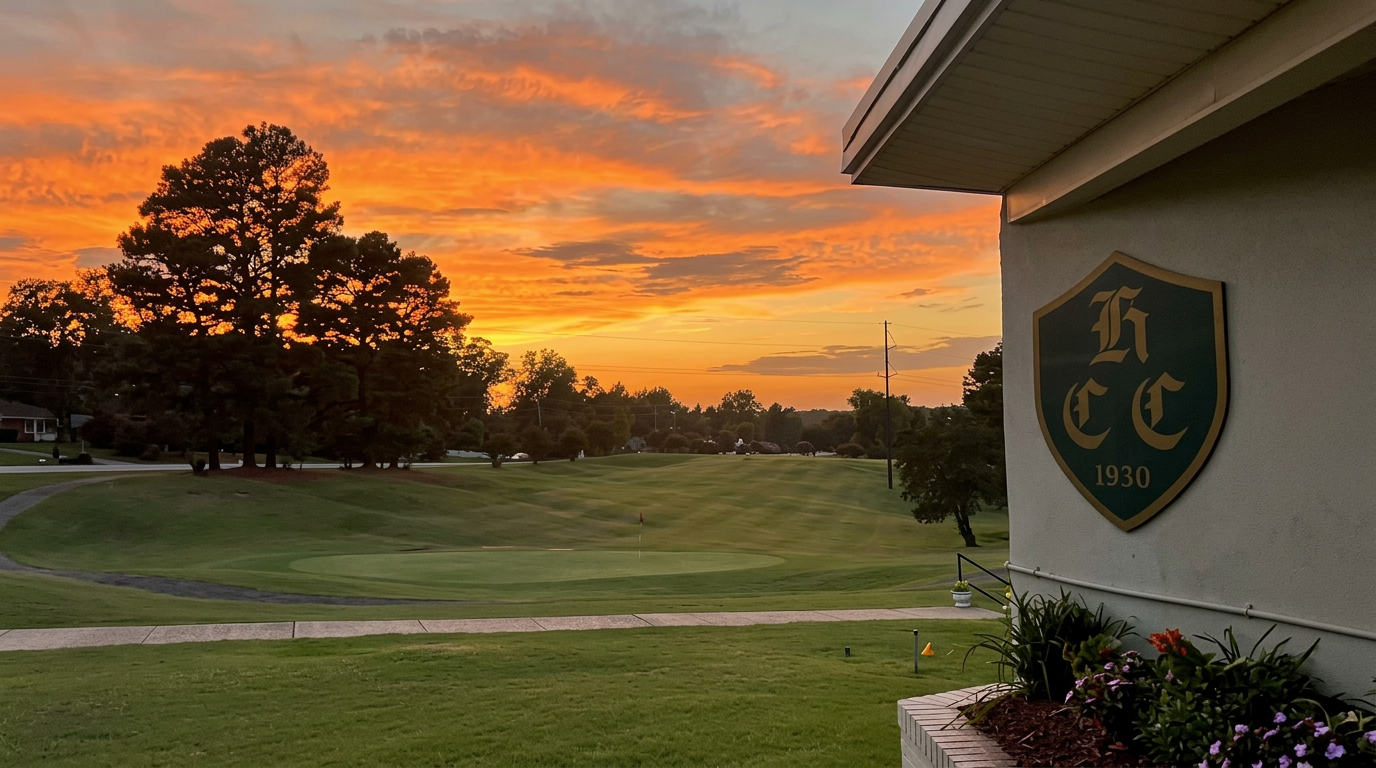 Sunset over the Halifax Country Club fairway with the HCC 1930 crest on the clubhouse